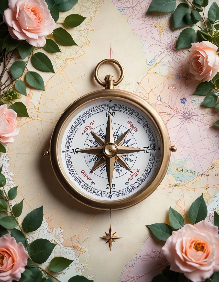 A serene heart-shaped compass resting atop a map, symbolizing love and direction. Surround the compass with delicate blossoms and intertwined vines representing growth and connection. Include soft pastel colors to evoke warmth and positivity, and a subtle hint of a sunrise in the background to signify new beginnings. super-realistic. vibrant colors. soft focus.