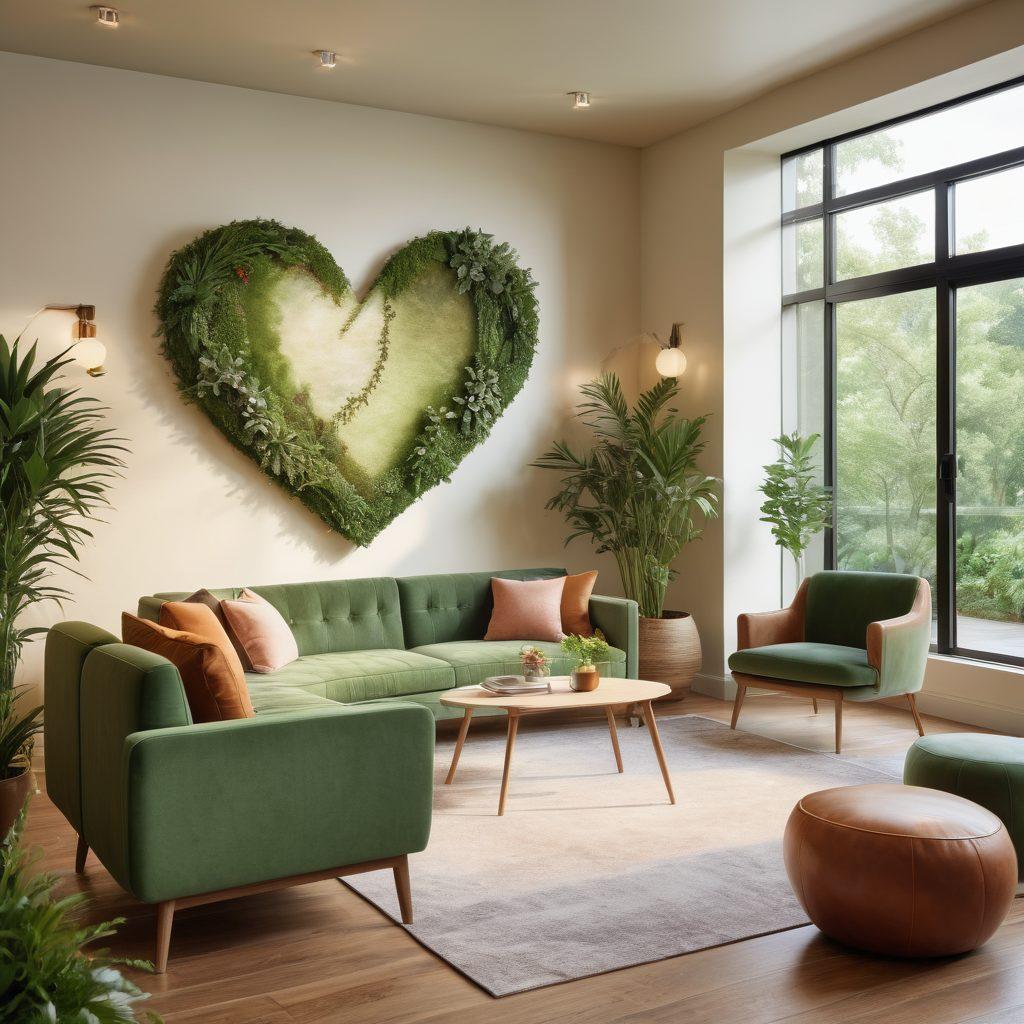 A modern, inviting couple's counseling office setting, featuring a warm atmosphere with comfortable seating, soft lighting, and plants. Include a diverse couple interacting with a friendly professional, looking engaged and hopeful for lasting connections. In the background, display elements symbolizing growth and guidance, like a roadmap or heart-shaped graphics. vibrant colors. super-realistic.