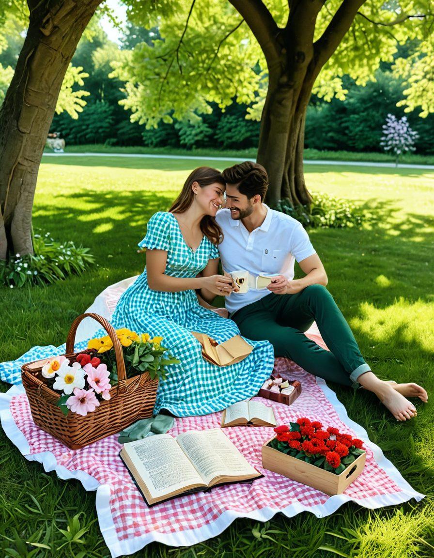 A warm and inviting scene of a couple enjoying a picnic in a lush green park, surrounded by blooming flowers and soft sunlight filtering through the trees. Include elements like a heart-shaped picnic basket, love letters scattered around, and a small journal where they are jotting down their thoughts. The atmosphere should feel intimate and uplifting, conveying a sense of connection and joy. vibrant colors. super-realistic.